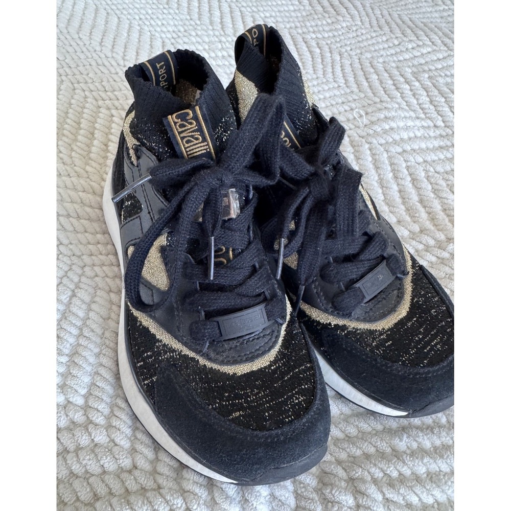 Roberto Cavalli Sport Knit Chunky Sneakers‎ Women's 35 US 5 Black Gold Designer